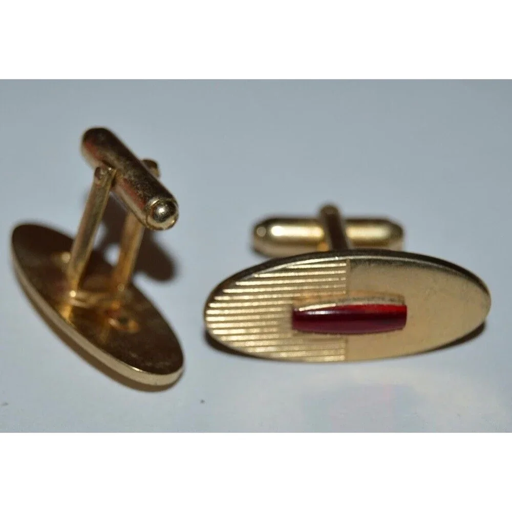 Vintage Cuff Links High End Mid Century Oval Golden Red Stone Classic RARE